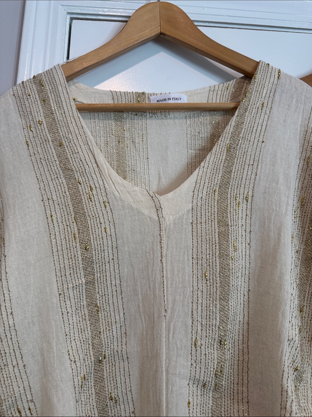 2pc Cream & Gold Cotton•Linen Blend  Top & Pant Set - Made in Italy Size Medium - Picture 2 of 7